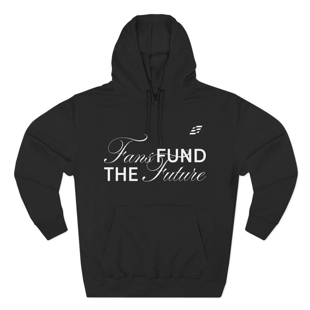 Rallycard.com Black unisex hoodie with 'Fans Fund The Future' text and logo on a white background