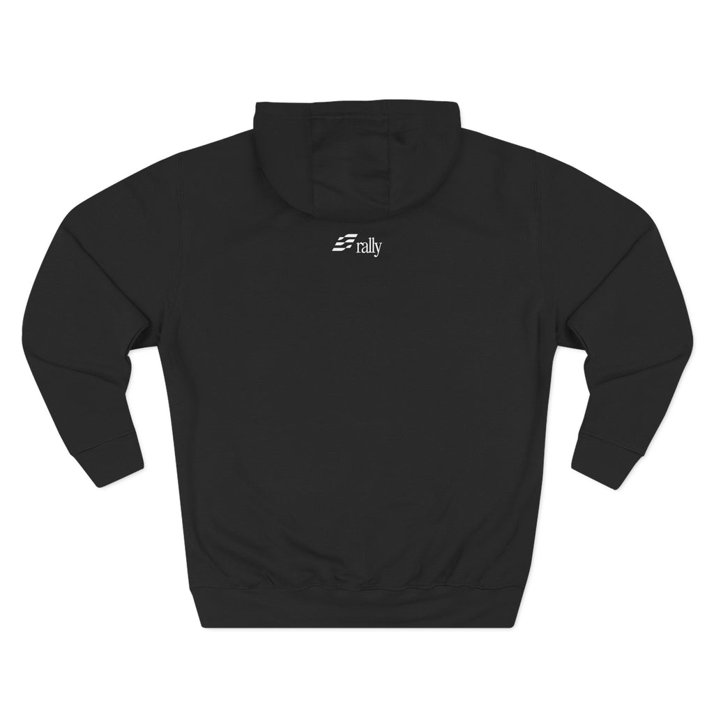 Rallycard.com Black unisex hoodie with a logo on the chest against a white background
