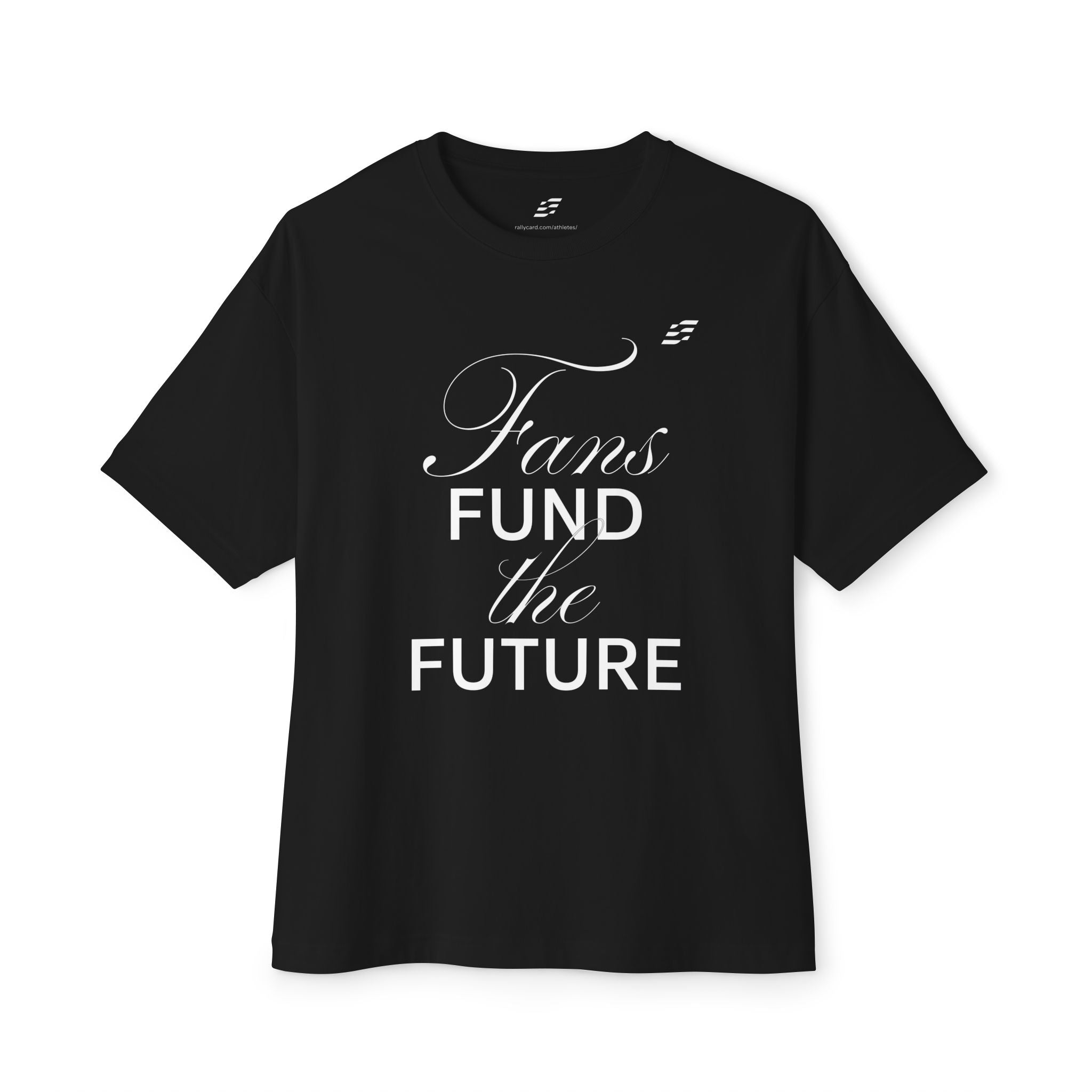 Rallycard.com black tee that reads 'Fans Fund The Future' on front of tee.